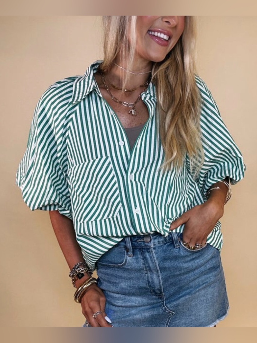 Women's Green & White Striped Bubble Sleeve Button-Up Shirt